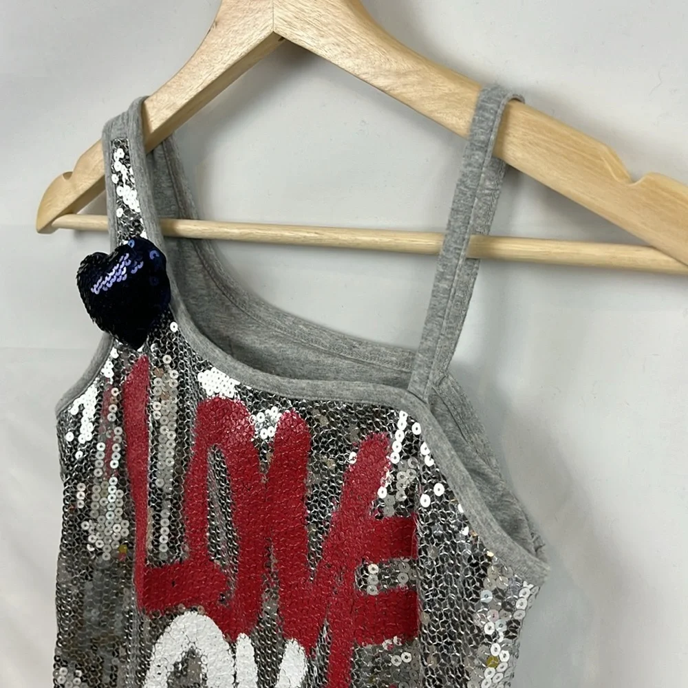 Justice Girls “Love One Another” Sequin Silver Blue Red Tank Shirt Size 12‎